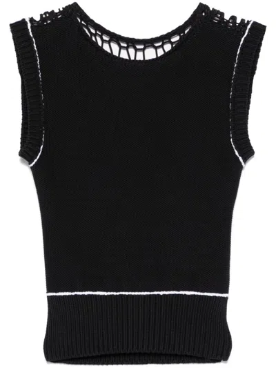Mm6 Maison Margiela Black Ribbed Knit Top With Mesh Inserts