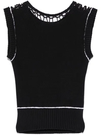 Mm6 Maison Margiela Black Ribbed Knit Top With Mesh Inserts
