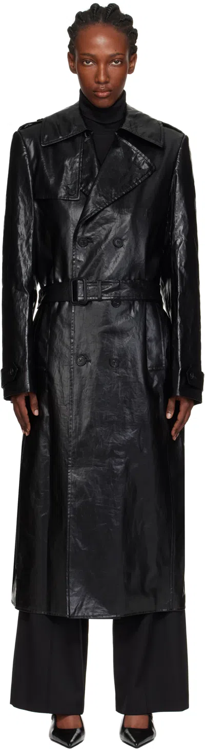 Mm6 Maison Margiela Black Shiny Coated Linen Trench Coat