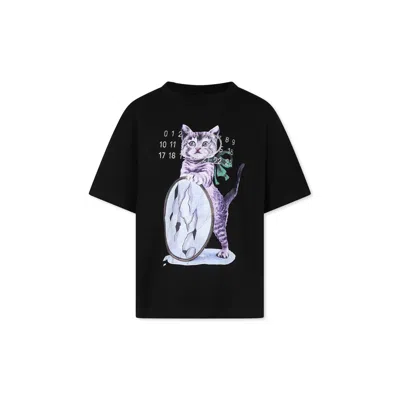 Mm6 Maison Margiela Kids' Black T-shirt For Girl With Cat Print And Numbers