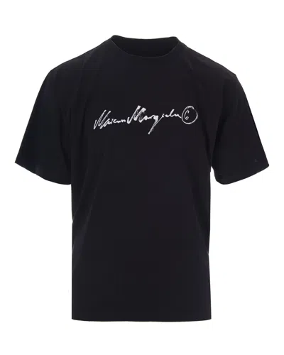 Mm6 Maison Margiela Black T-shirt With Painted Logo And Ribbed Neckline