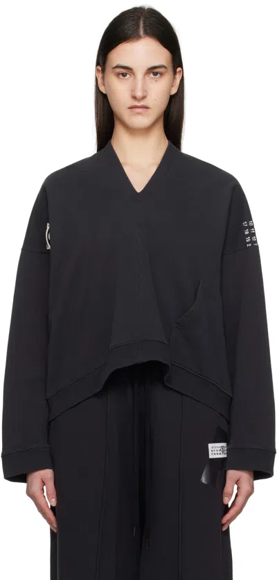 Mm6 Maison Margiela Black V-neck Logo Sweatshirt In 899 Washed Black