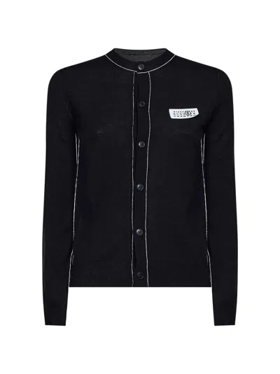 Mm6 Maison Margiela Black Wool Blend Cardigan With Contrasting Trims