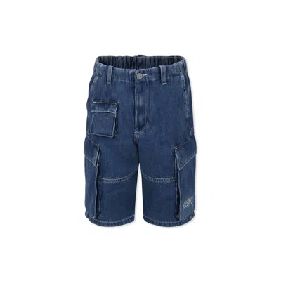 Mm6 Maison Margiela Blue Cargo Shorts For Kids With White Logo In Denim