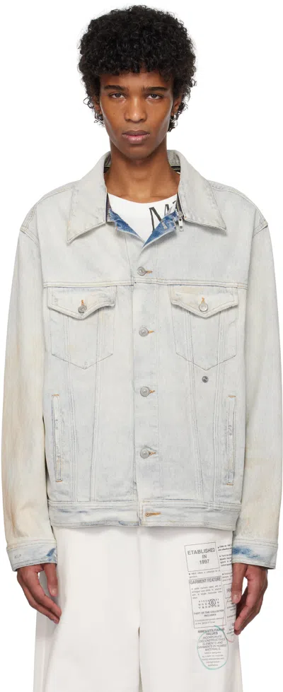 Mm6 Maison Margiela Blue Distressed Denim Jacket In Beige