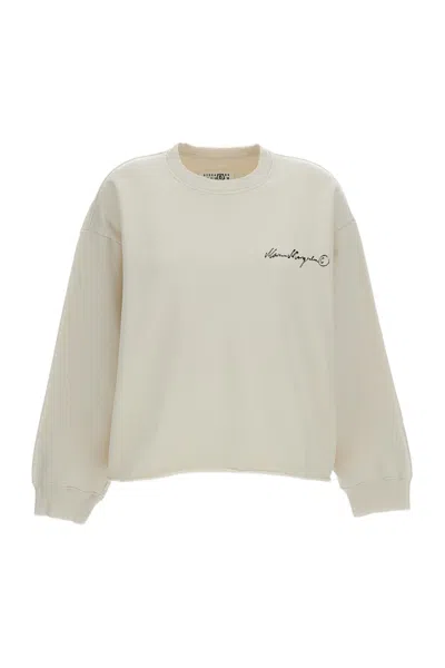 Mm6 Maison Margiela Boxy Cropped Cotton Crewneck Sweatshirt With Rib-knit Details In Pattern