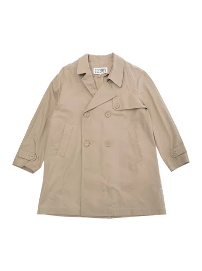 Mm6 Maison Margiela Kids' Brown Double-breasted Coat With Notched Revers In Cotton Boy