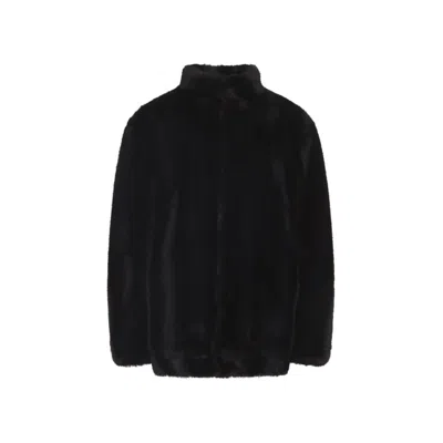 Mm6 Maison Margiela Brown Ecofur Jacket With Stand-up Collar In Black