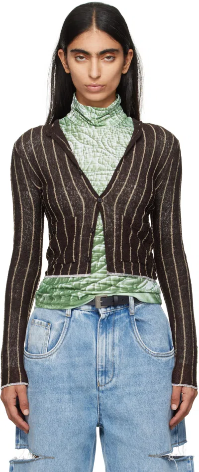 Mm6 Maison Margiela Brown Pinstripe Cardigan In 961 Dark Brown/beige