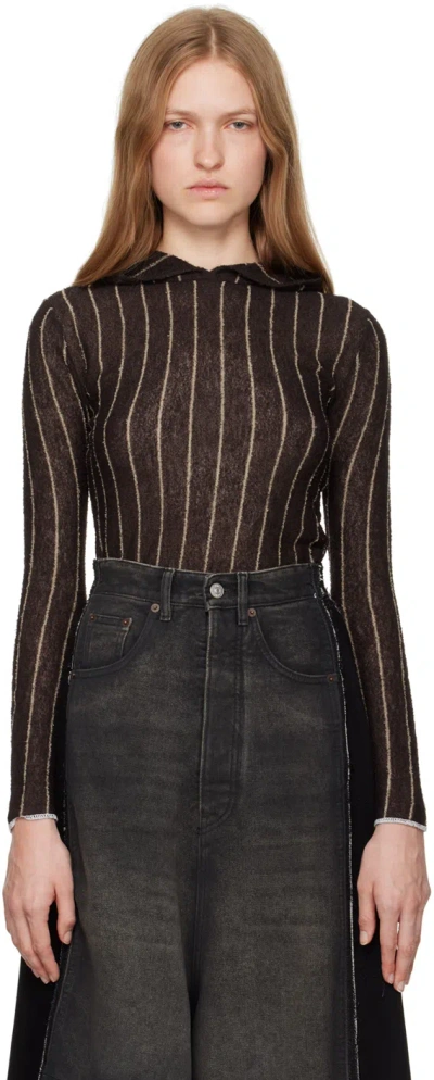 Mm6 Maison Margiela Brown Pinstripes Underpinning Hoodie In 961 Dark Brown/beige