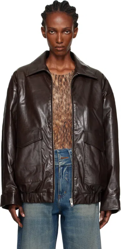 Mm6 Maison Margiela Brown Zip Faux-leather Bomber Jacket