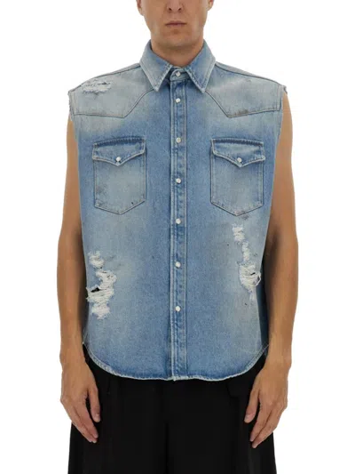 Mm6 Maison Margiela Mm6 By Maison Margiela Short-sleeved Denim-effect Shirt With Flap Pockets In Blue