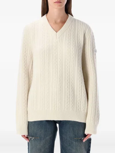 Mm6 Maison Margiela Wool-blend Cable Knit V-neck Sweater In Neutral