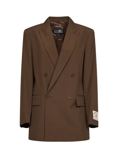 Mm6 Maison Margiela Camel Wool Blend Double-breasted Blazer In Brown