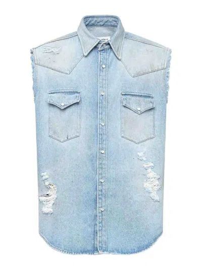 Mm6 Maison Margiela Mm6 By Maison Margiela Short-sleeved Denim-effect Shirt With Flap Pockets In Blue