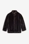 Mm6 Maison Margiela Plush Black Faux Fur Jacket With High Collar And Relaxed Fit In Brown