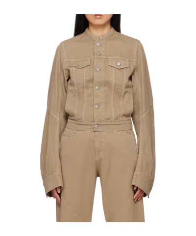 Mm6 Maison Margiela Beige Collarless Denim Jacket In Brown