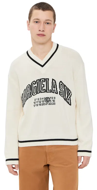 Mm6 Maison Margiela Cotton And Wool Sweater With V-neck In White