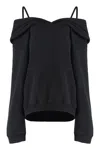 Mm6 Maison Margiela Off-shoulder Black Cotton Hoodie With Front Kangaroo Pocket In Black