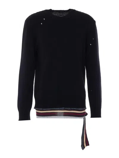 Mm6 Maison Margiela Crew Neck Sweater Distressed Striped Hem In Black