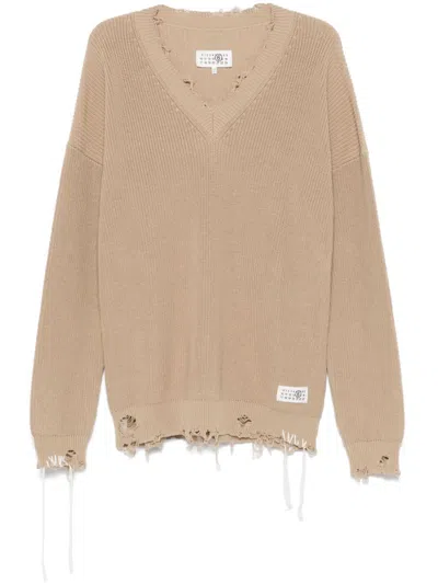Mm6 Maison Margiela Distressed Cotton V-neck Sweater In Beige