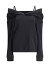 Mm6 Maison Margiela Off-shoulder Black Cotton Hoodie With Front Kangaroo Pocket In Blue