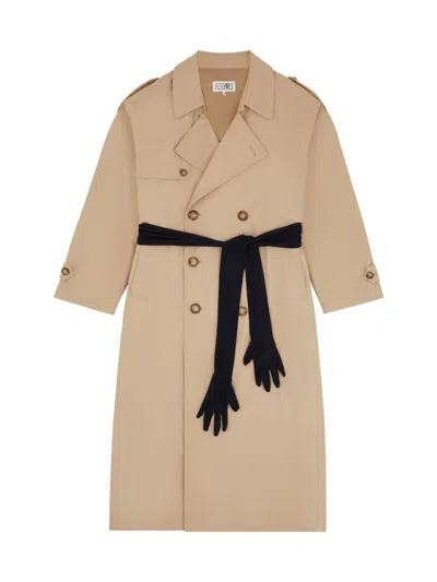 Mm6 Maison Margiela Cotton Trench Jacket With Gloves For Women In Nude