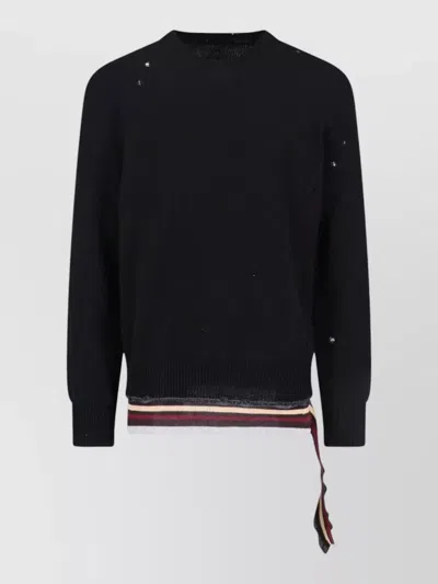 Mm6 Maison Margiela Crew Neck Sweater Distressed Striped Hem In Black