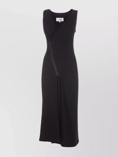 Mm6 Maison Margiela Crewneck Midi Length Sleeveless Wrap Detail Dress In Black