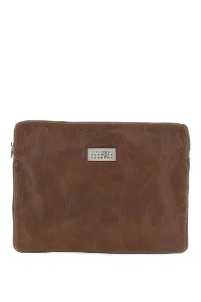 Mm6 Maison Margiela Crinkled Leather Document Holder Pouch Handbag For Women In Brown