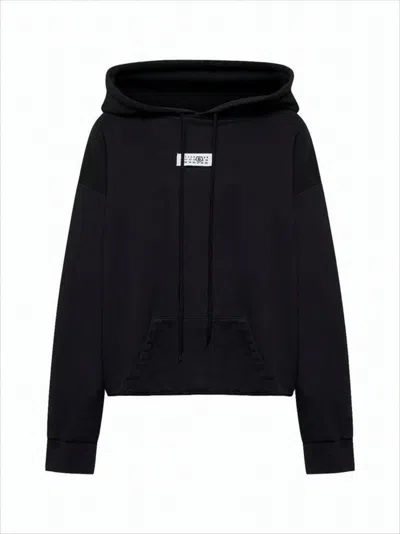 Mm6 Maison Margiela Cropped Black Cotton Hoodie With Distinctive Logo Patch