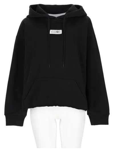 Mm6 Maison Margiela Cropped Black Hooded Cotton Sweatshirt