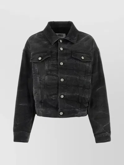 Mm6 Maison Margiela Cropped Denim Jacket With Stretch And Stonewashed Finish In Black