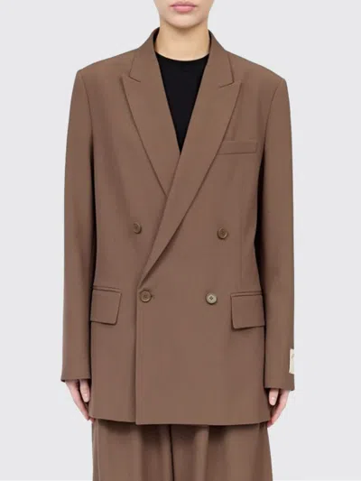 Mm6 Maison Margiela Cropped Double-breasted Wool-blend Blazer In Brown