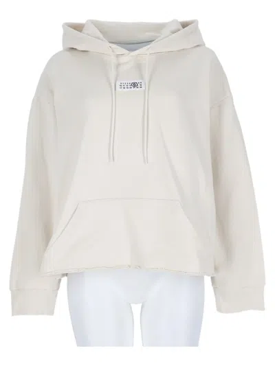 Mm6 Maison Margiela Cropped Ivory Drawstring Cotton Hoodie In Neutral