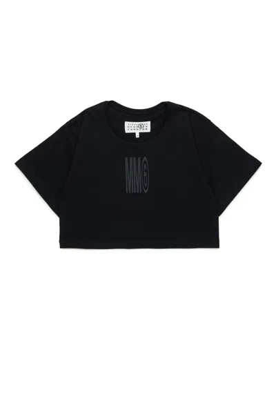 Mm6 Maison Margiela Kids' T-shirt Cropped Con Logo Istituzionale In Black