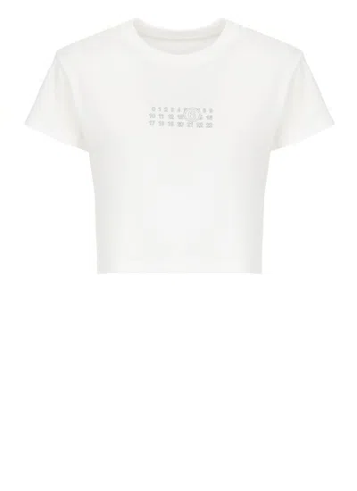 Mm6 Maison Margiela Cropped White T-shirt With Contrasting Numeric Logo