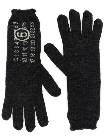 Mm6 Maison Margiela Dark Grey Numeric Signature Mm6 Gloves In Black