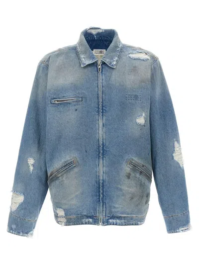 Mm6 Maison Margiela Denim Jacket With Used Effect Casual Jackets And Parka Blue