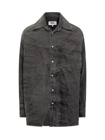 Mm6 Maison Margiela Crinkled Denim Overshirt In Nero