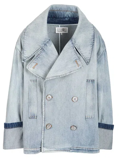 Mm6 Maison Margiela Cotton Denim Double-breasted Jacket With Asymmetric Hem In Blue