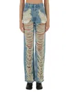 Mm6 Maison Margiela Mm6 By Maison Margiela Distressed Straight Leg Denim Jeans With White Stitching