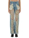 Mm6 Maison Margiela Mm6 By Maison Margiela Distressed Straight Leg Denim Jeans With White Stitching In Blue