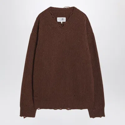 Mm6 Maison Margiela Distressed Brown Wool-blend Sweater
