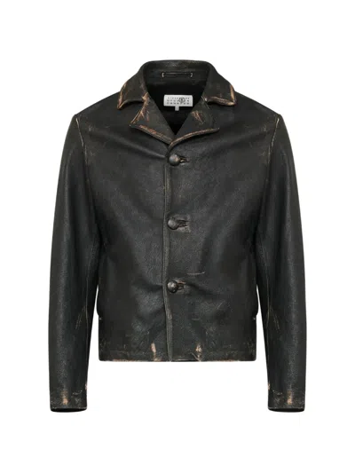 Mm6 Maison Margiela Distressed Button Leather Jacket In Black