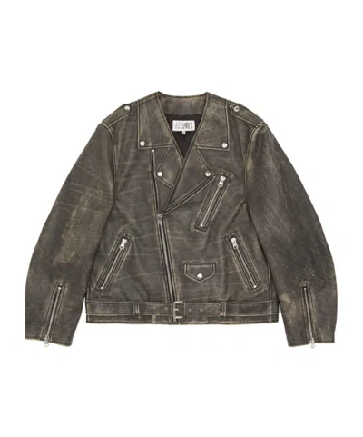 Mm6 Maison Margiela Distressed-effect Leather Jacket In Black