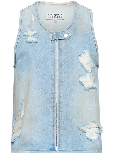 Mm6 Maison Margiela Scoop Neck Sleeveless Distressed Detailing Vest In Blue