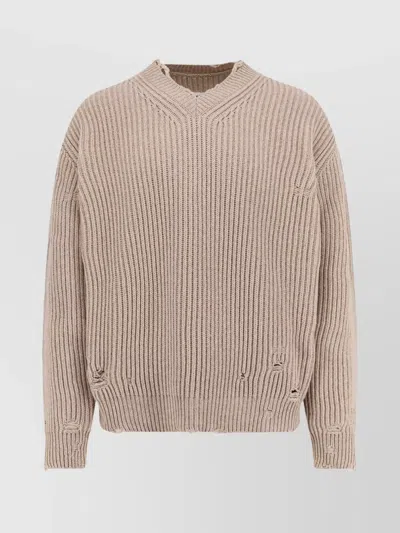 Mm6 Maison Margiela Wool Blend Sweater With Distressed Effect In Neutral
