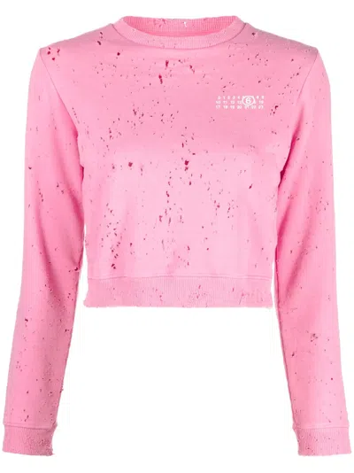 Mm6 Maison Margiela Pink Distressed Crewneck Sweatshirt
