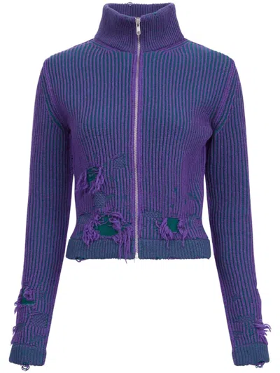 Mm6 Maison Margiela Distressed Rib-knit Zip-front Cardigan In Blue